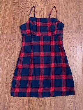 Garage Red and Navy Plaid Spaghetti-Strap Dress